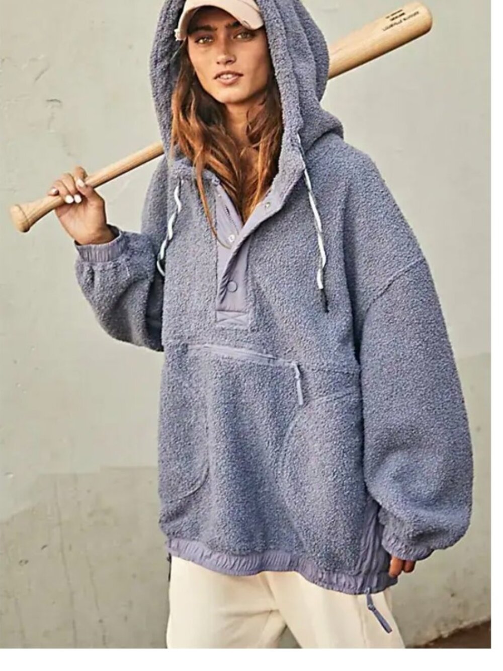 EUC Free people fuzzy was she fleece pullover lavender Size L Muted Blue-grey